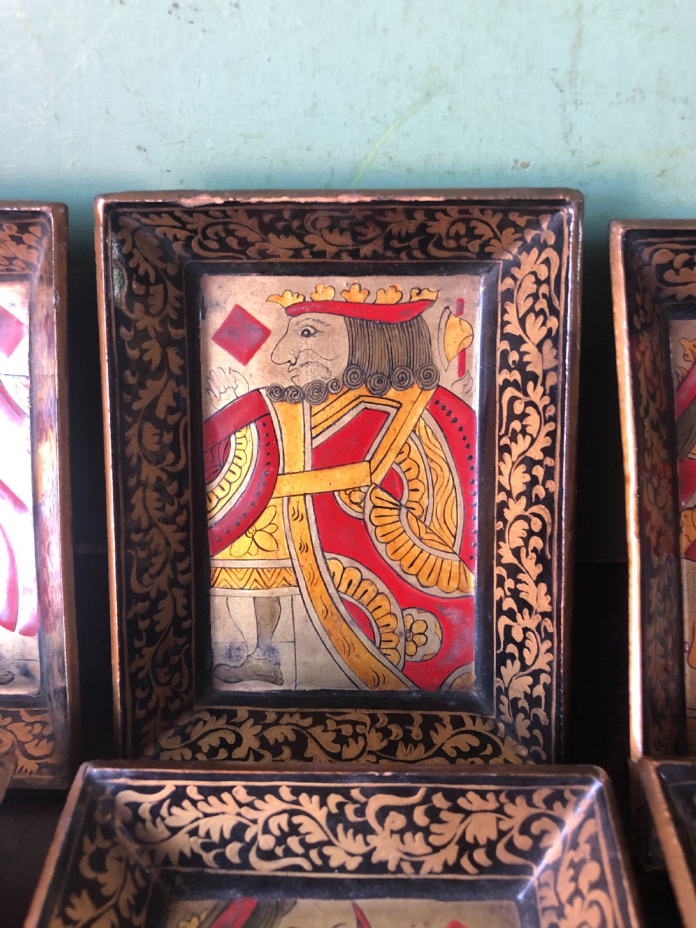Interesting and decorative set of 7 mid C19th Chinese Export lacquer miniature trays for holding gambling chips . View V