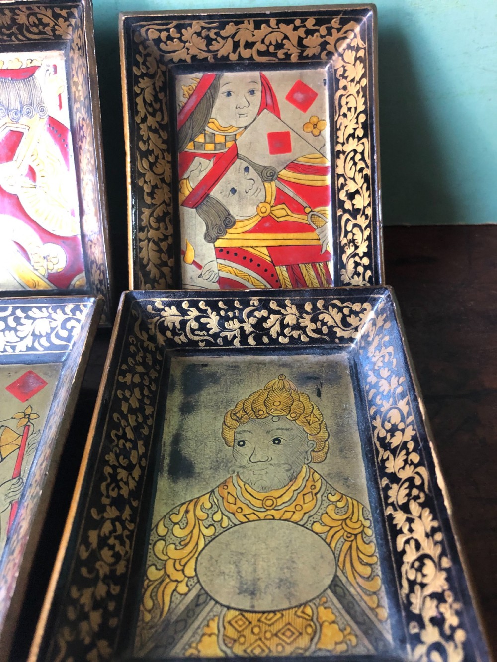 Interesting and decorative set of 7 mid C19th Chinese Export lacquer miniature trays for holding gambling chips . View VI