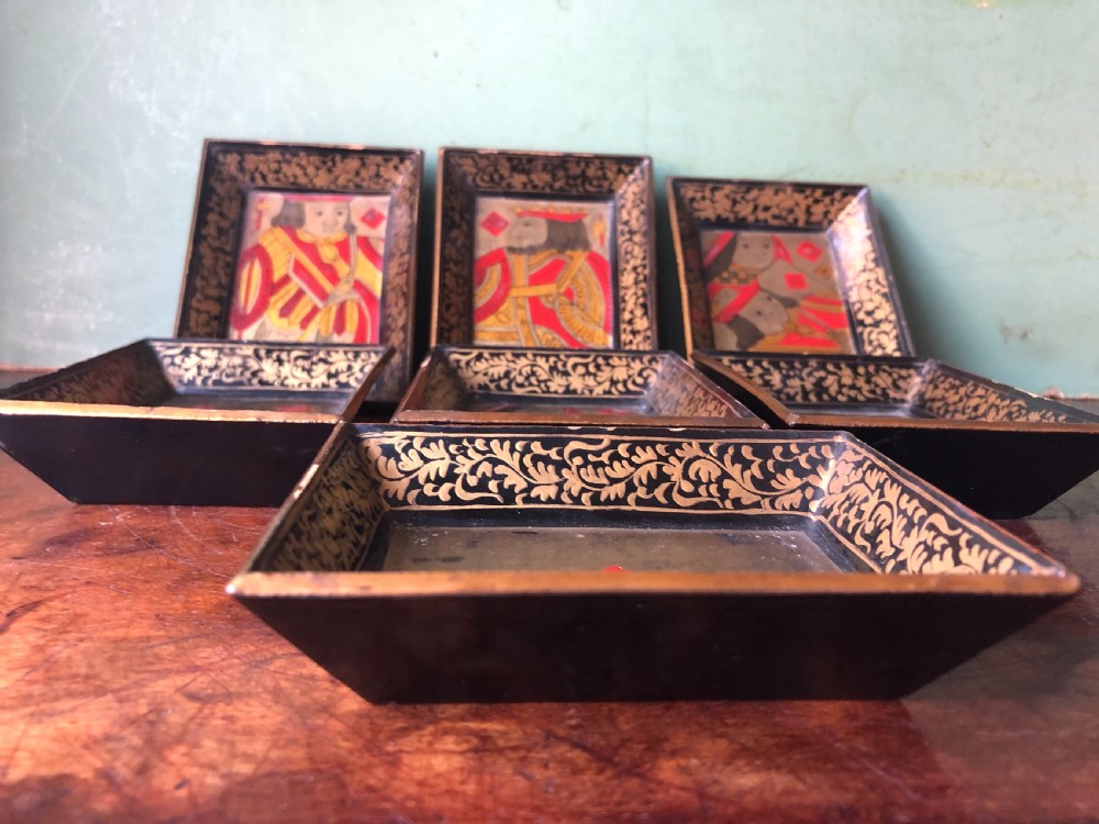 Interesting and decorative set of 7 mid C19th Chinese Export lacquer miniature trays for holding gambling chips . View VIII