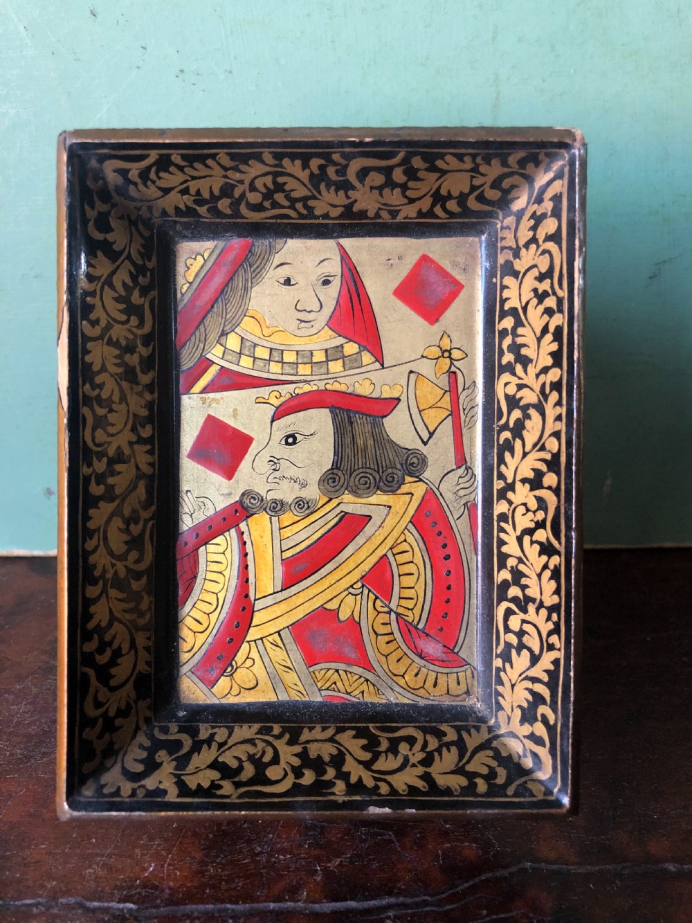 Interesting and decorative set of 7 mid C19th Chinese Export lacquer miniature trays for holding gambling chips . View XIV