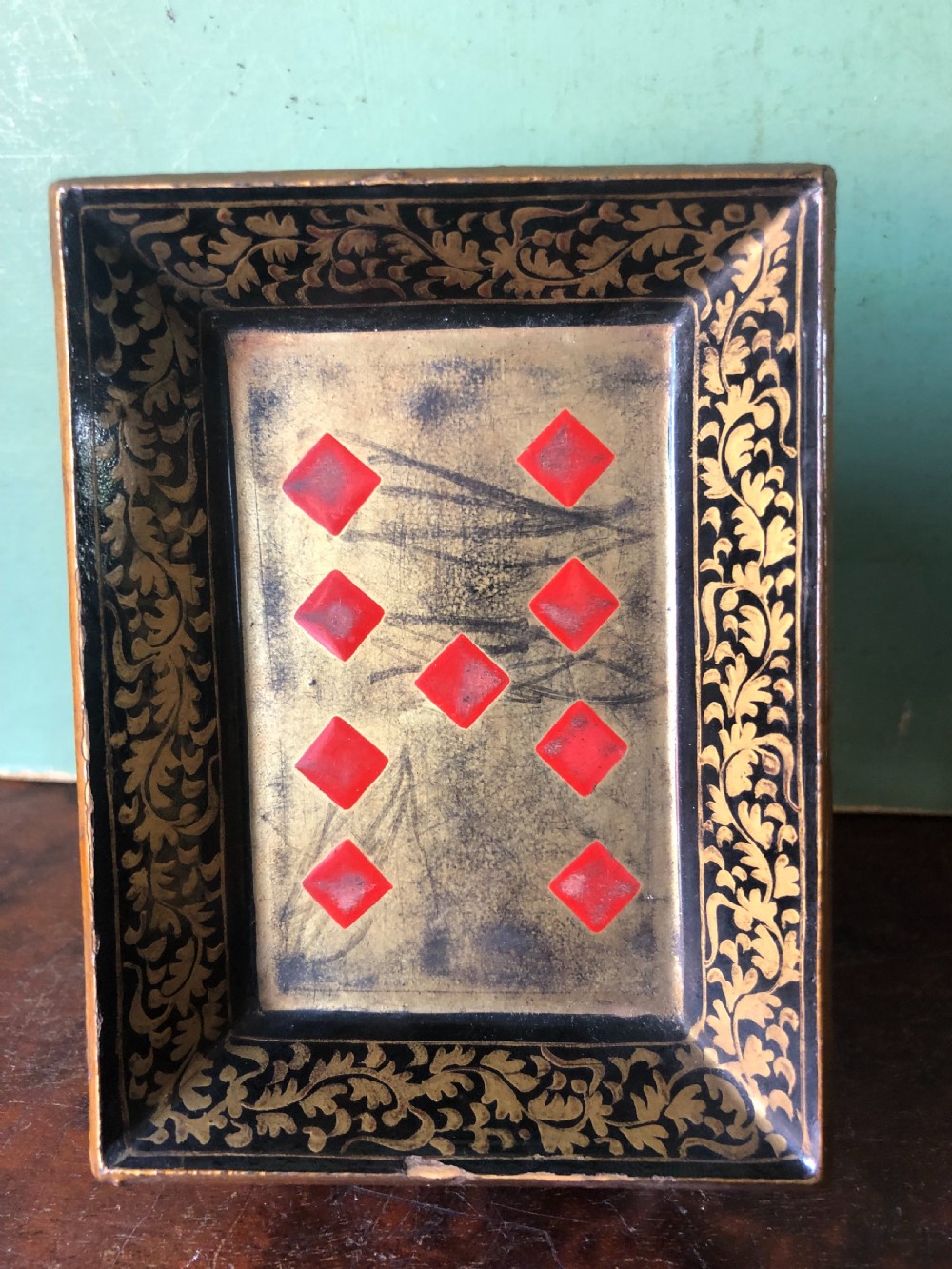 Interesting and decorative set of 7 mid C19th Chinese Export lacquer miniature trays for holding gambling chips . View XV