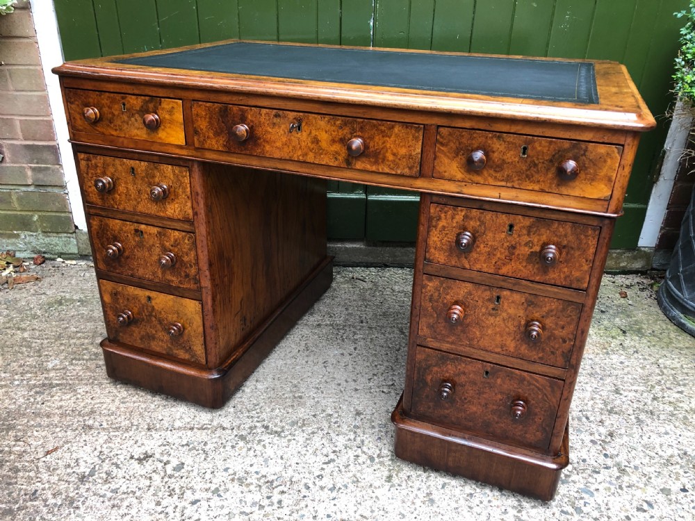 Good quality mid C19th burr and figured walnut pedestal knee-hole writing desk . View VIII