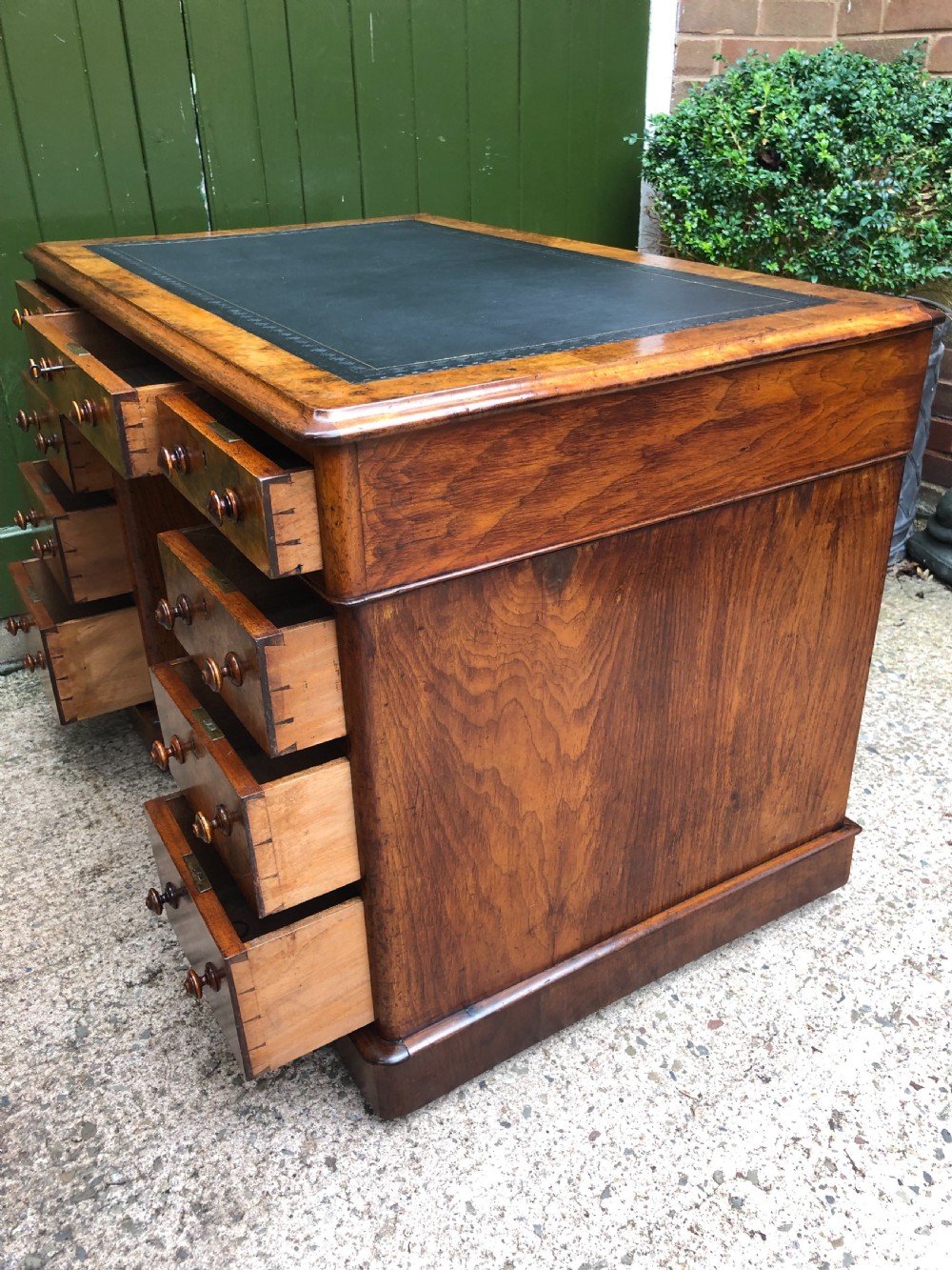 Good quality mid C19th burr and figured walnut pedestal knee-hole writing desk . View XII