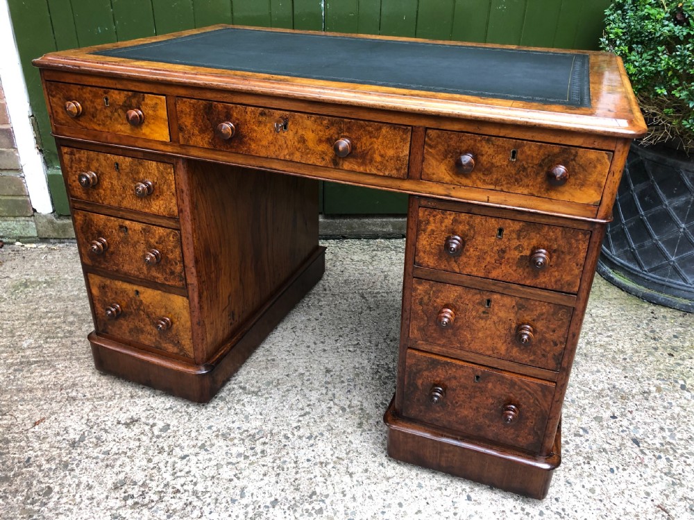 Good quality mid C19th burr and figured walnut pedestal knee-hole writing desk . View XV
