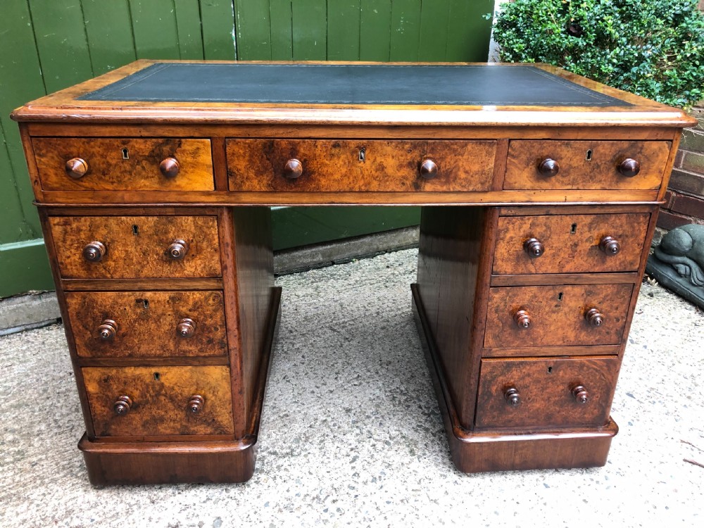 Good quality mid C19th burr and figured walnut pedestal knee-hole writing desk . View XVI