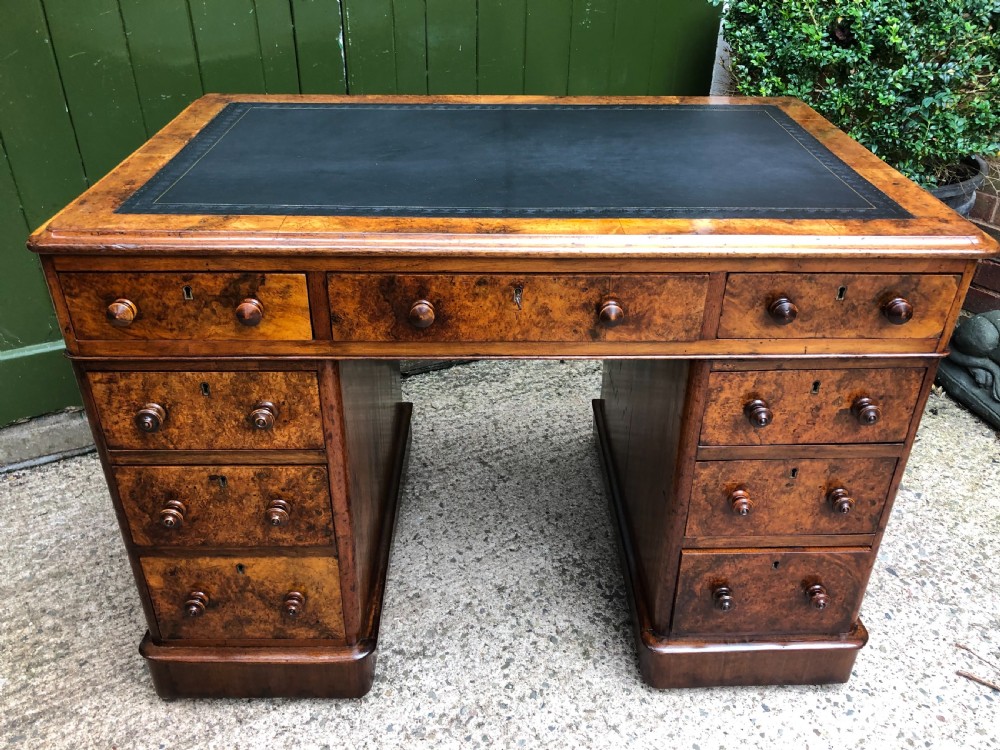 Good quality mid C19th burr and figured walnut pedestal knee-hole writing desk . View XVII