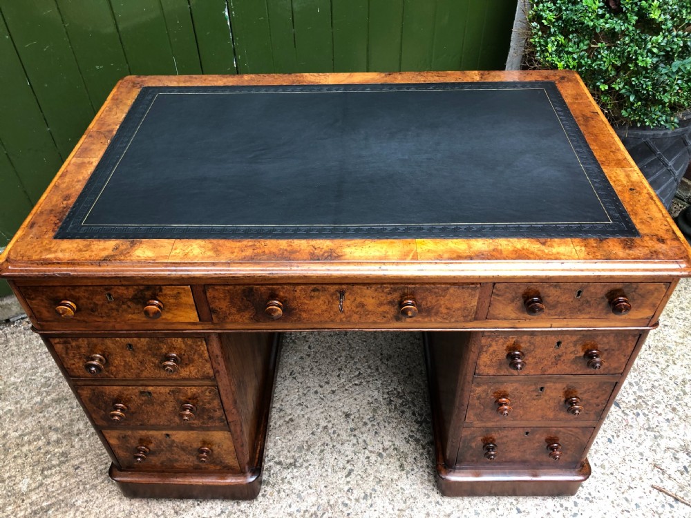 Good quality mid C19th burr and figured walnut pedestal knee-hole writing desk . View XIX