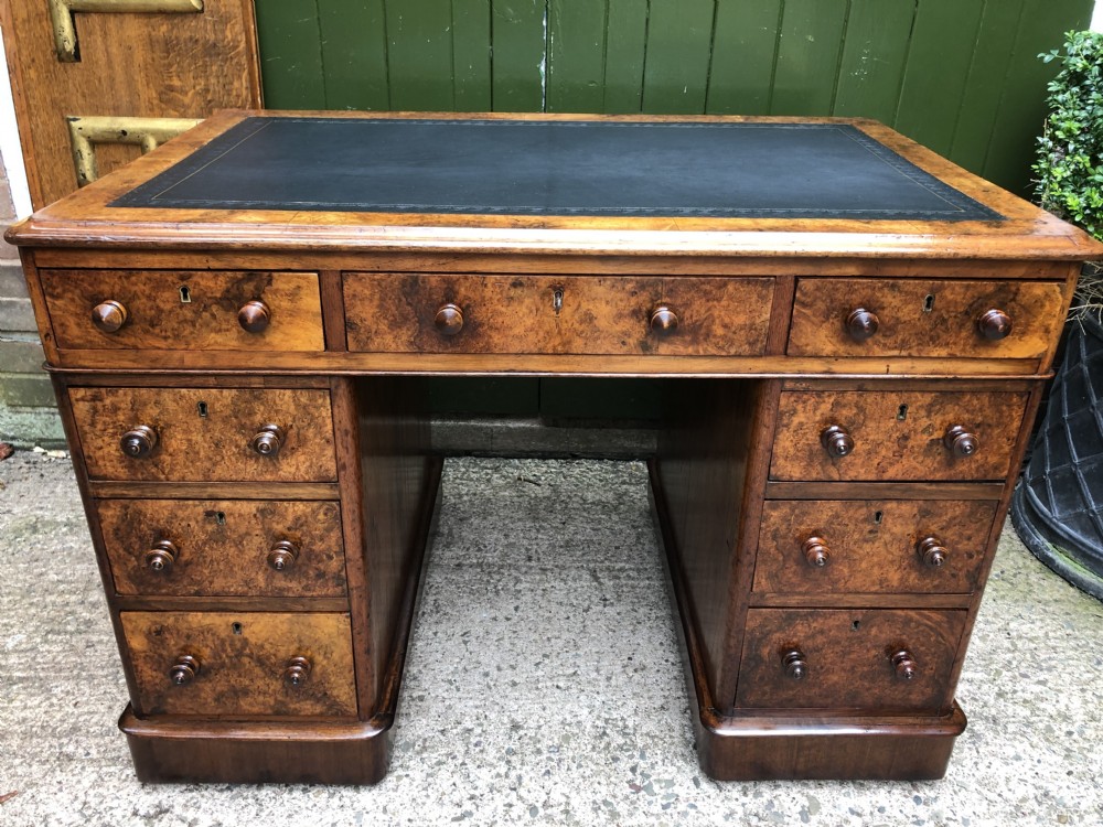 Good quality mid C19th burr and figured walnut pedestal knee-hole writing desk . View XX