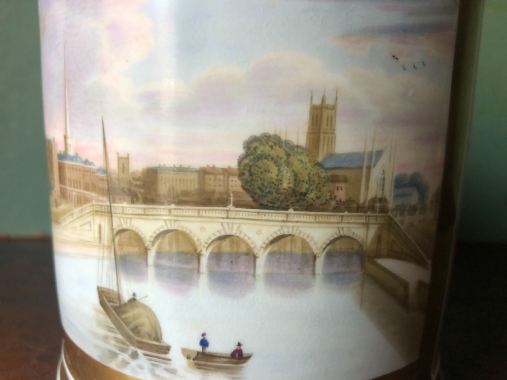Early C19th Worcester porcelain tankard by Grainger , Lee & Co., decorated with view of the City of Worcester. View V