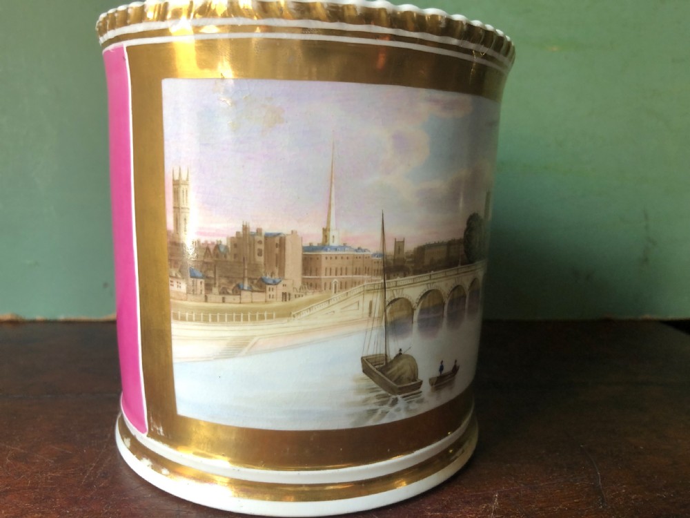 Early C19th Worcester porcelain tankard by Grainger , Lee & Co., decorated with view of the City of Worcester. View VI