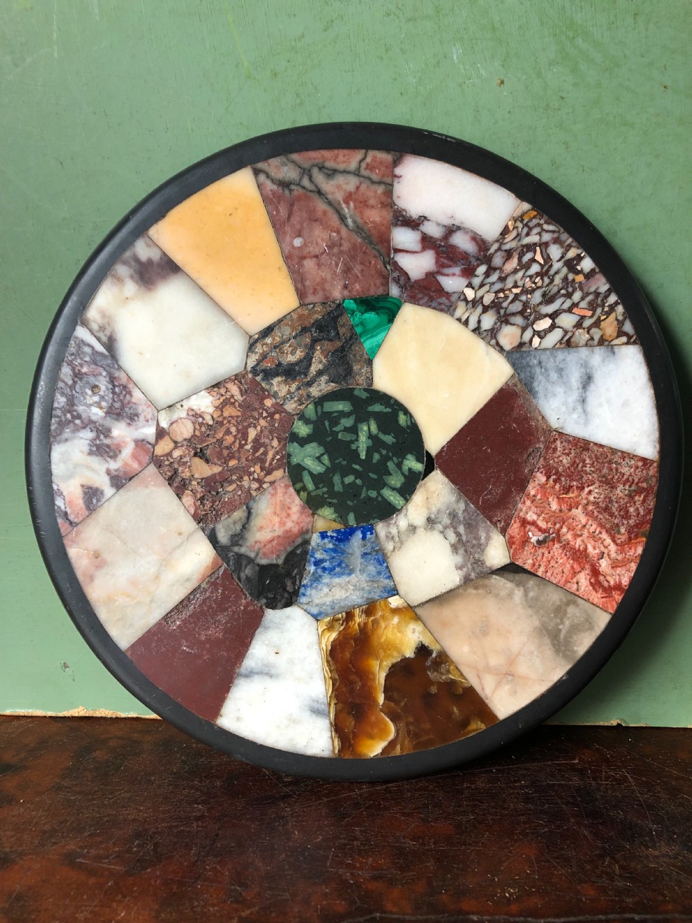 Larger scale C19th Italian ‘Grand Tour’ souvenir specimen marble inlaid circular paper-weight. View III