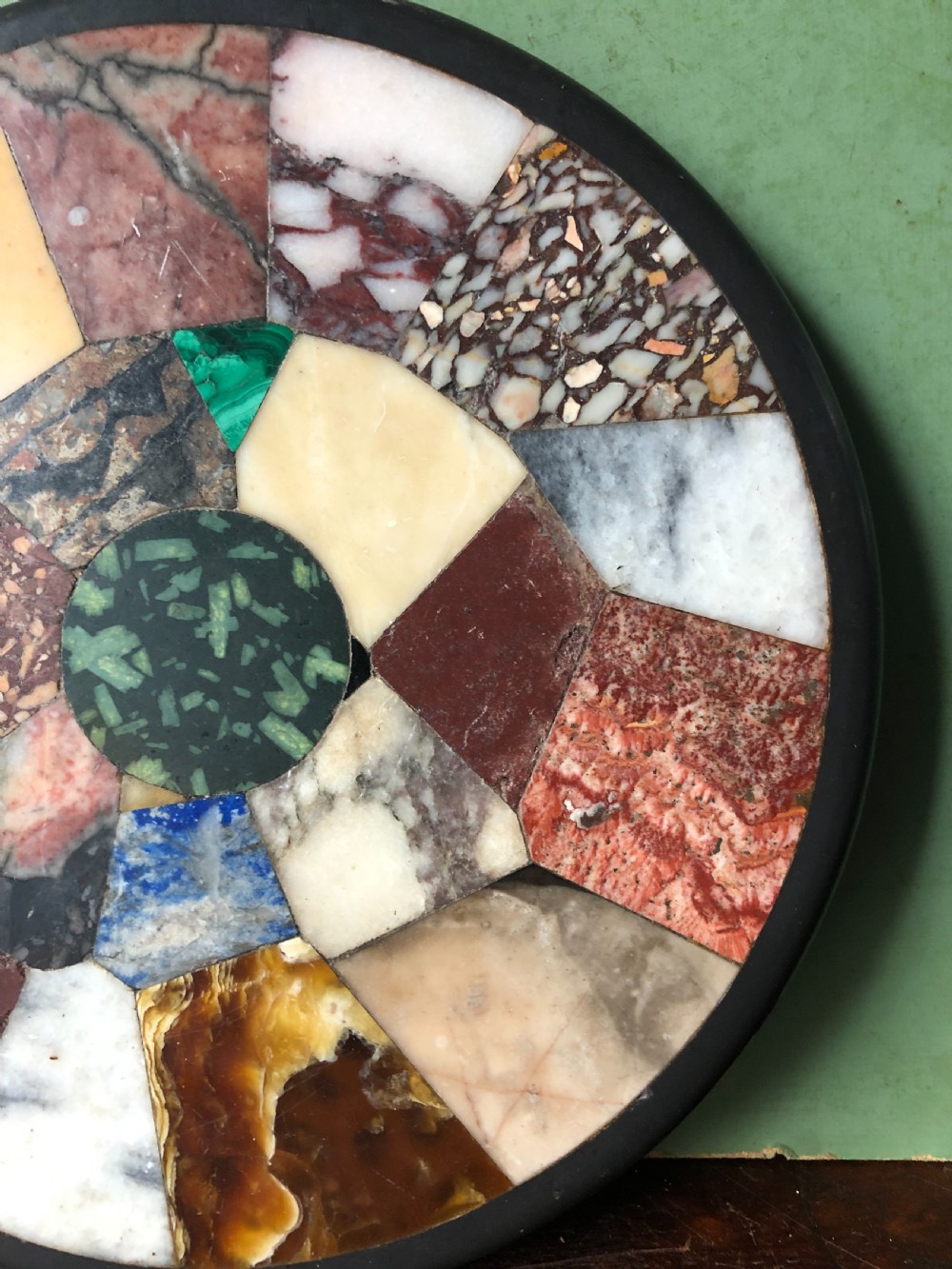 Larger scale C19th Italian ‘Grand Tour’ souvenir specimen marble inlaid circular paper-weight. View V