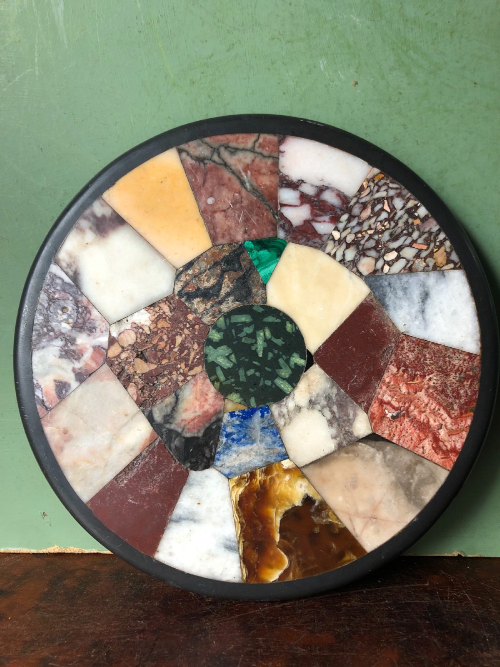 Larger scale C19th Italian ‘Grand Tour’ souvenir specimen marble inlaid circular paper-weight. View VI
