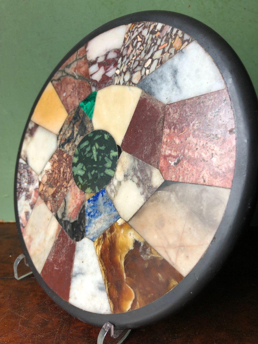 Larger scale C19th Italian ‘Grand Tour’ souvenir specimen marble inlaid circular paper-weight. View XII