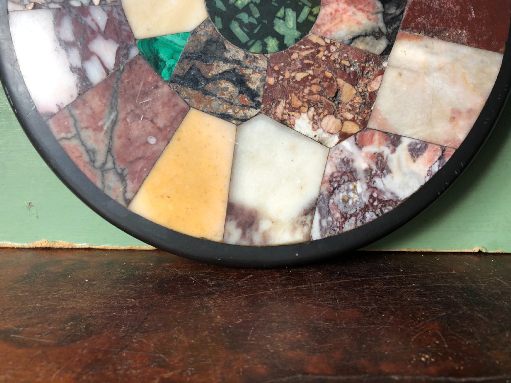 Larger scale C19th Italian ‘Grand Tour’ souvenir specimen marble inlaid circular paper-weight. View XIII