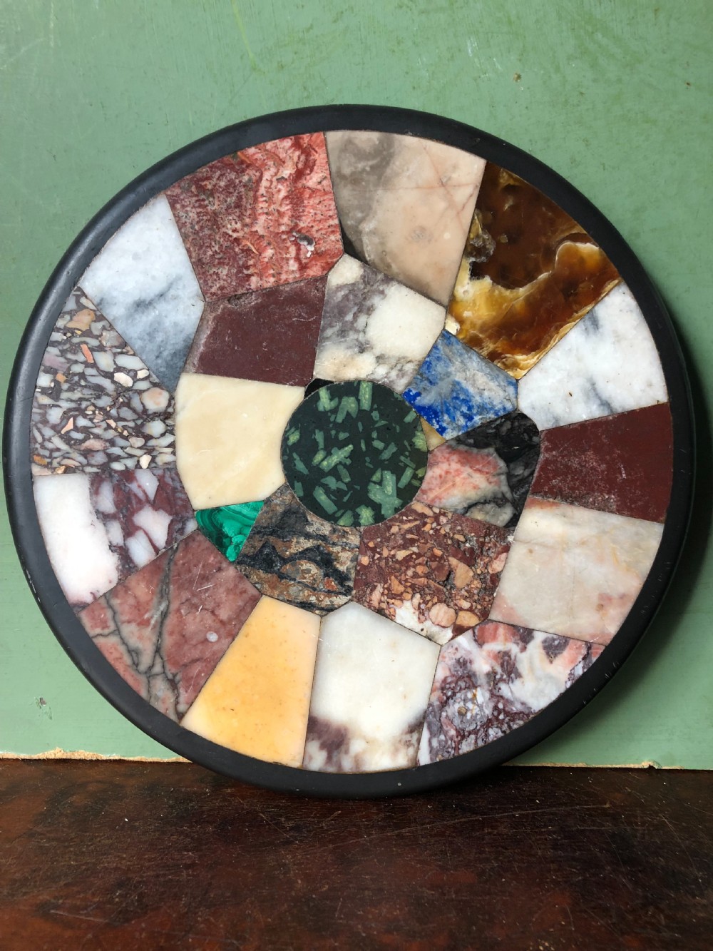 Larger scale C19th Italian ‘Grand Tour’ souvenir specimen marble inlaid circular paper-weight. View XIV