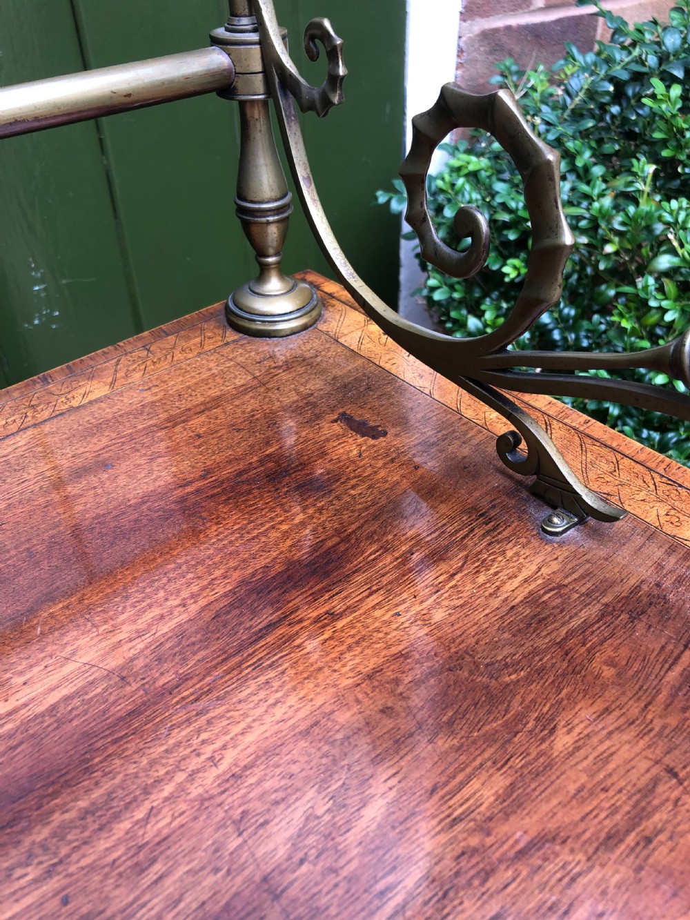 Fine late C18th George III Sheraton period mahogany serpentine front sideboard of compact proportions. View X