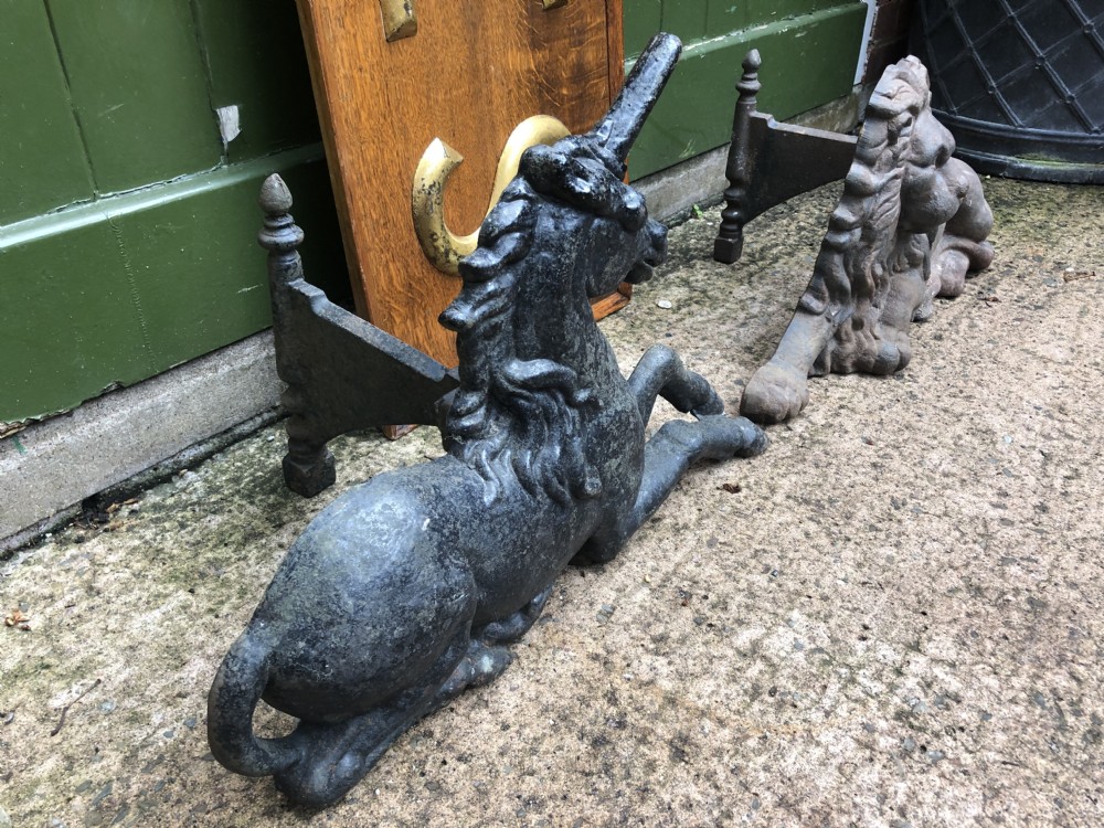 Pair of mid C19th cast-iron boot-scrapers in the form of a recumbent lion and a unicorn .  View XIV