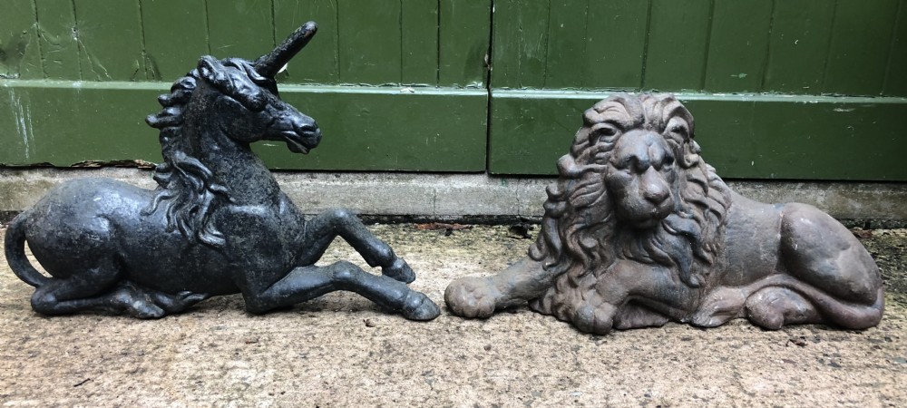Pair of mid C19th cast-iron boot-scrapers in the form of a recumbent lion and a unicorn .  View XVII