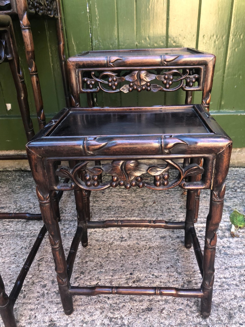 Nest of 4 late C19th Chinese Qing Dynasty carved hardwood graduated tables. View VII
