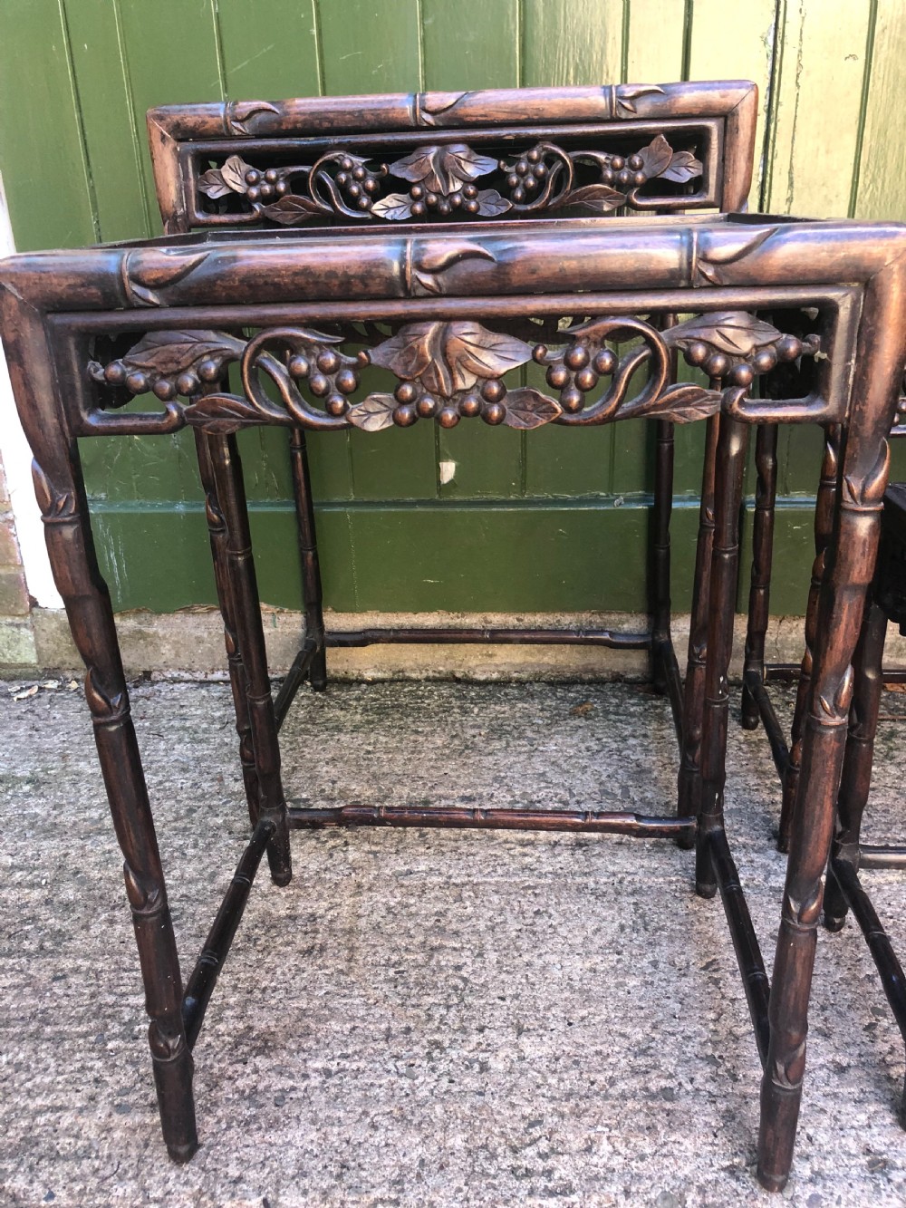 Nest of 4 late C19th Chinese Qing Dynasty carved hardwood graduated tables. View XI