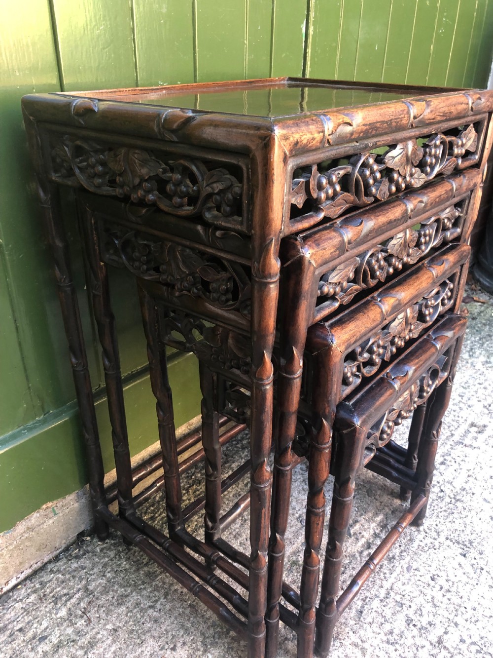 Nest of 4 late C19th Chinese Qing Dynasty carved hardwood graduated tables. View XII