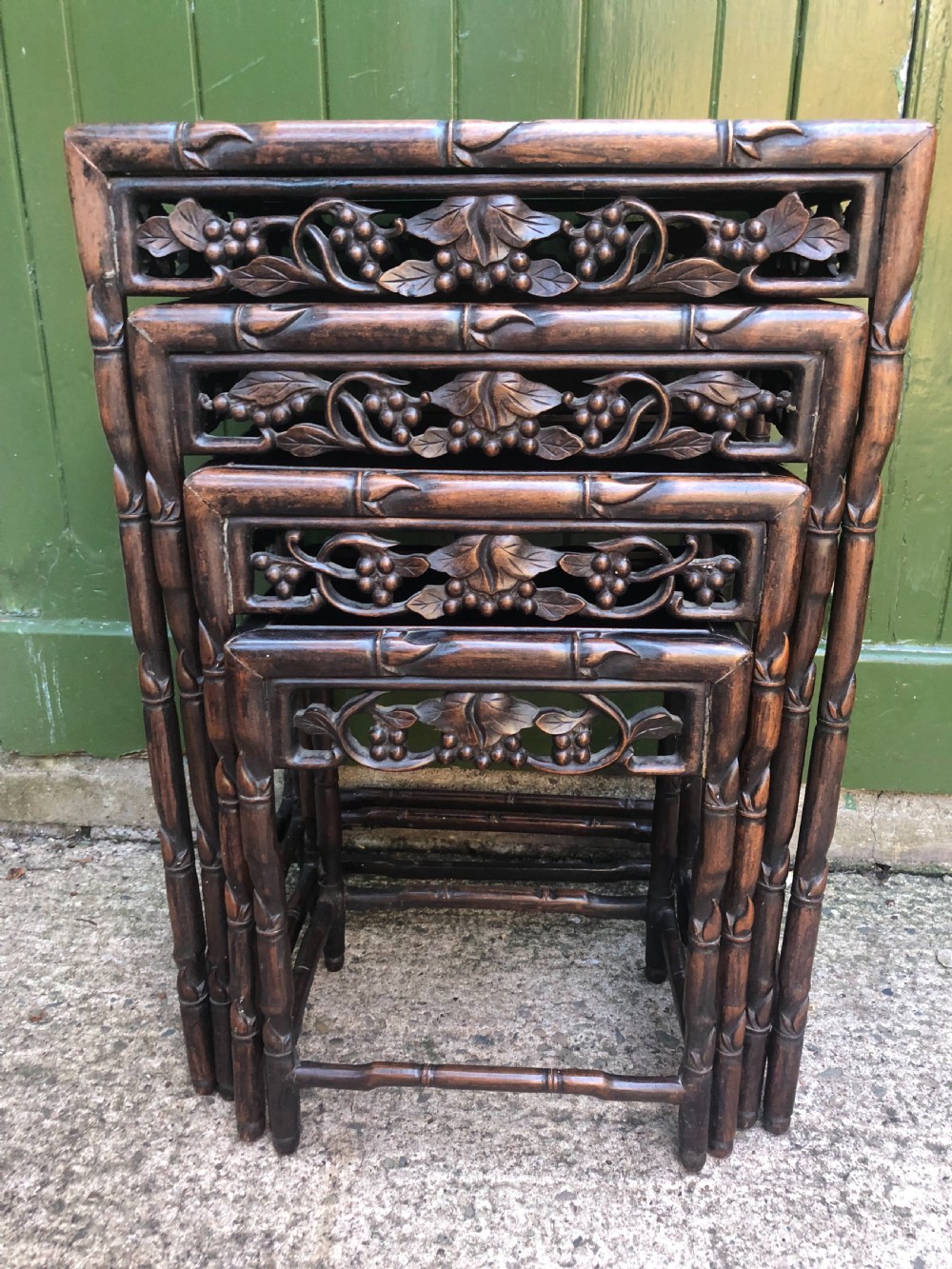 Nest of 4 late C19th Chinese Qing Dynasty carved hardwood graduated tables. View XIII