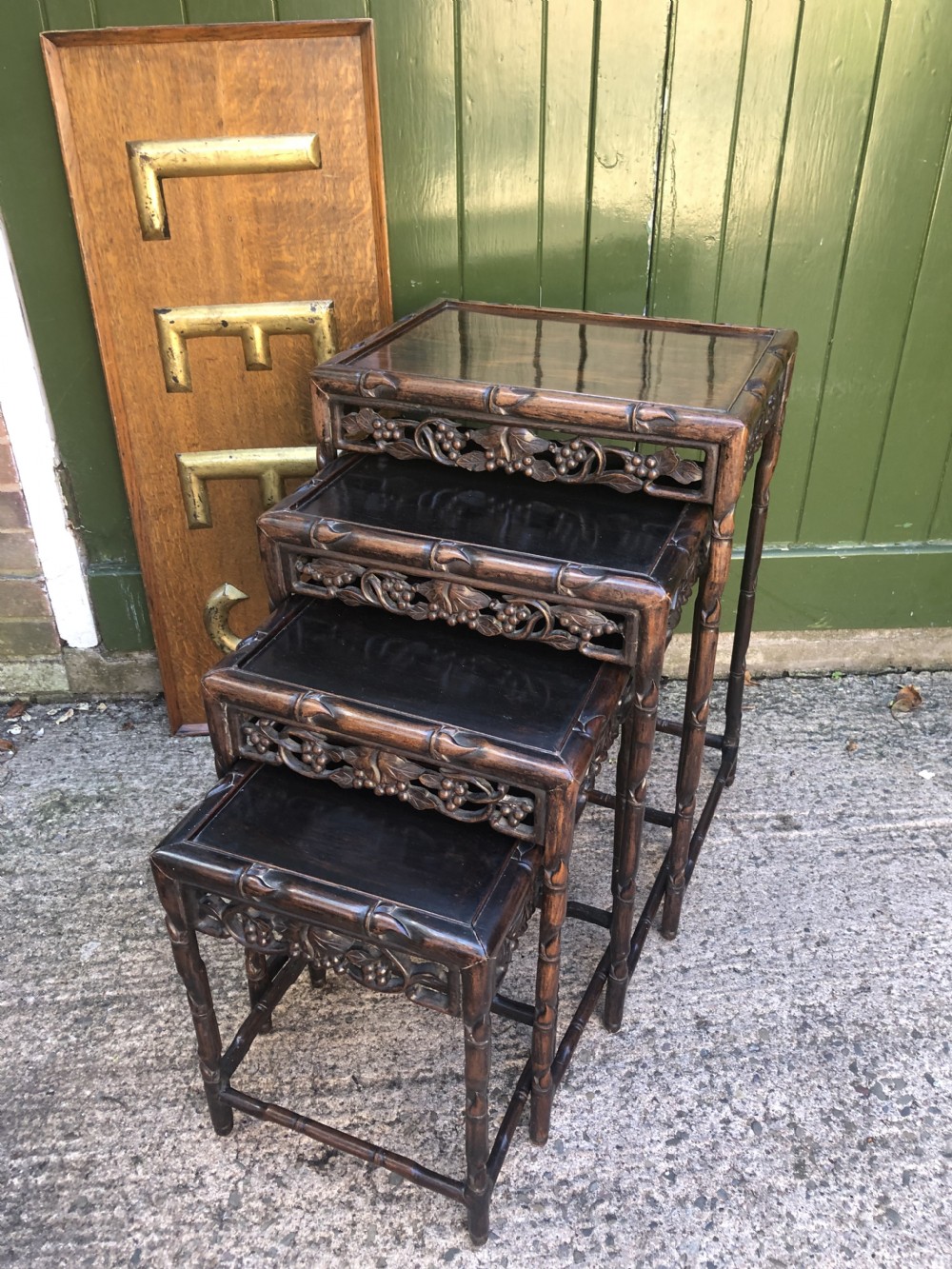 Nest of 4 late C19th Chinese Qing Dynasty carved hardwood graduated tables. View XIV