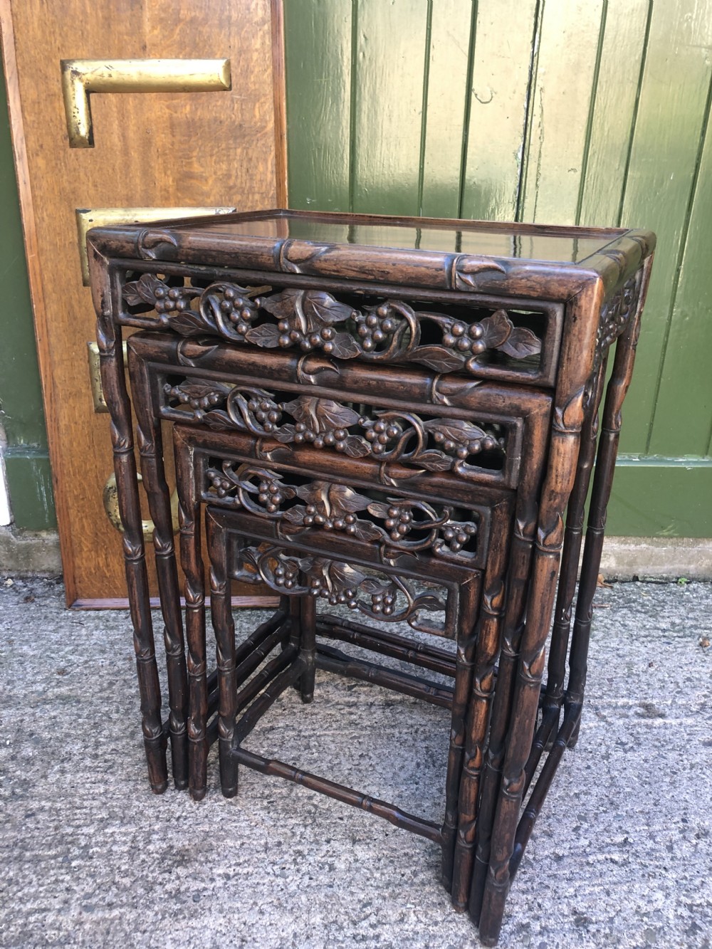 Nest of 4 late C19th Chinese Qing Dynasty carved hardwood graduated tables. View XV