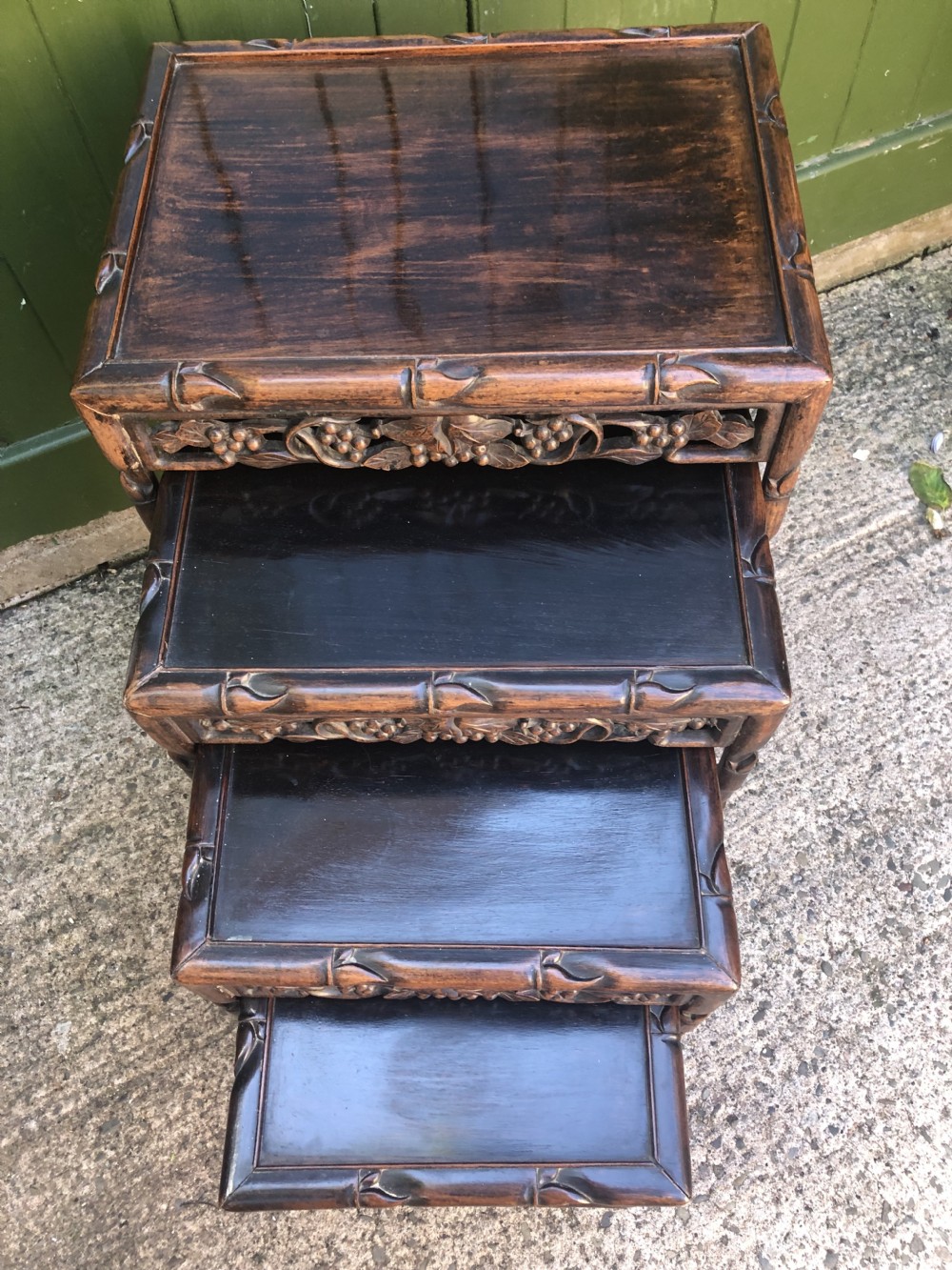 Nest of 4 late C19th Chinese Qing Dynasty carved hardwood graduated tables. View XVI