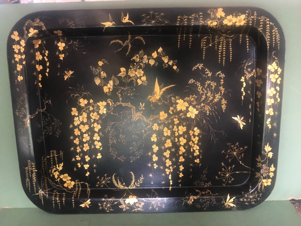 Early C19th Regency period black lacquered papier-mâché rectangular tray with gilded Chinoiserie decoration. View II