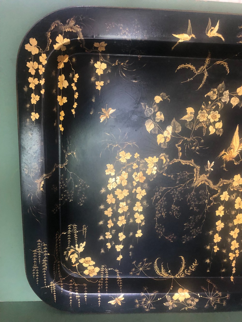 Early C19th Regency period black lacquered papier-mâché rectangular tray with gilded Chinoiserie decoration. View V