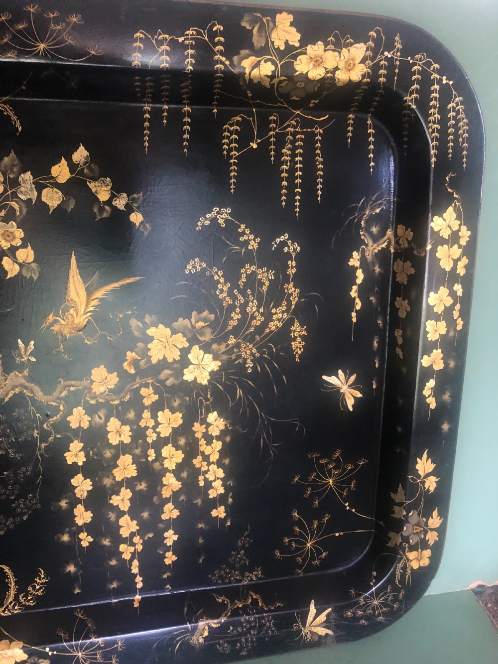 Early C19th Regency period black lacquered papier-mâché rectangular tray with gilded Chinoiserie decoration. View VI