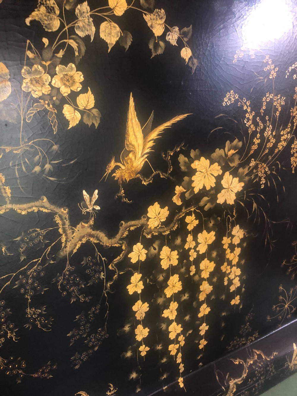 Early C19th Regency period black lacquered papier-mâché rectangular tray with gilded Chinoiserie decoration. View VII