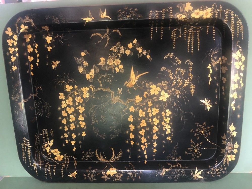 Early C19th Regency period black lacquered papier-mâché rectangular tray with gilded Chinoiserie decoration. View VIII