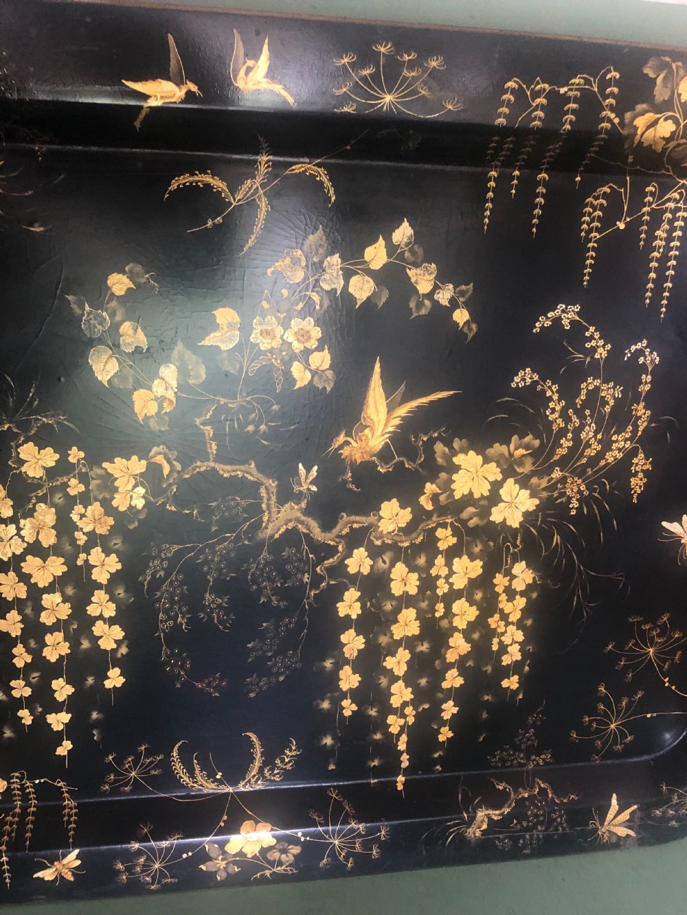 Early C19th Regency period black lacquered papier-mâché rectangular tray with gilded Chinoiserie decoration. View X