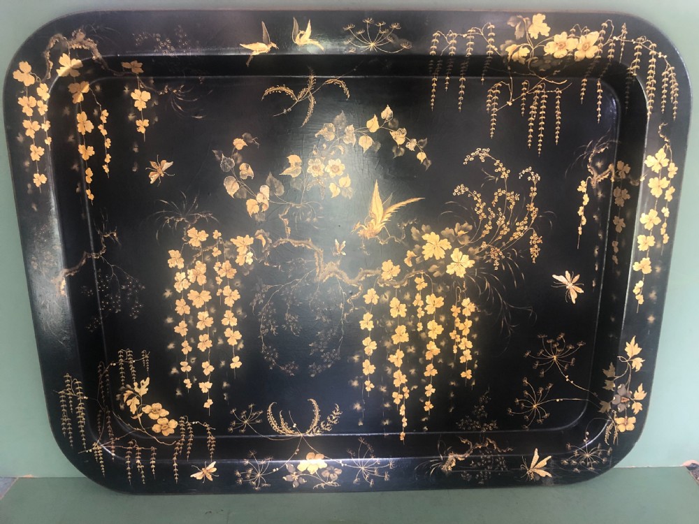Early C19th Regency period black lacquered papier-mâché rectangular tray with gilded Chinoiserie decoration. View XI