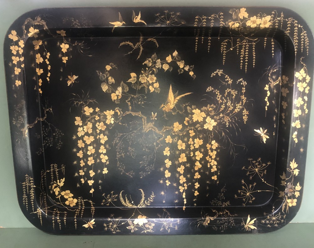 Early C19th Regency period black lacquered papier-mâché rectangular tray with gilded Chinoiserie decoration.
