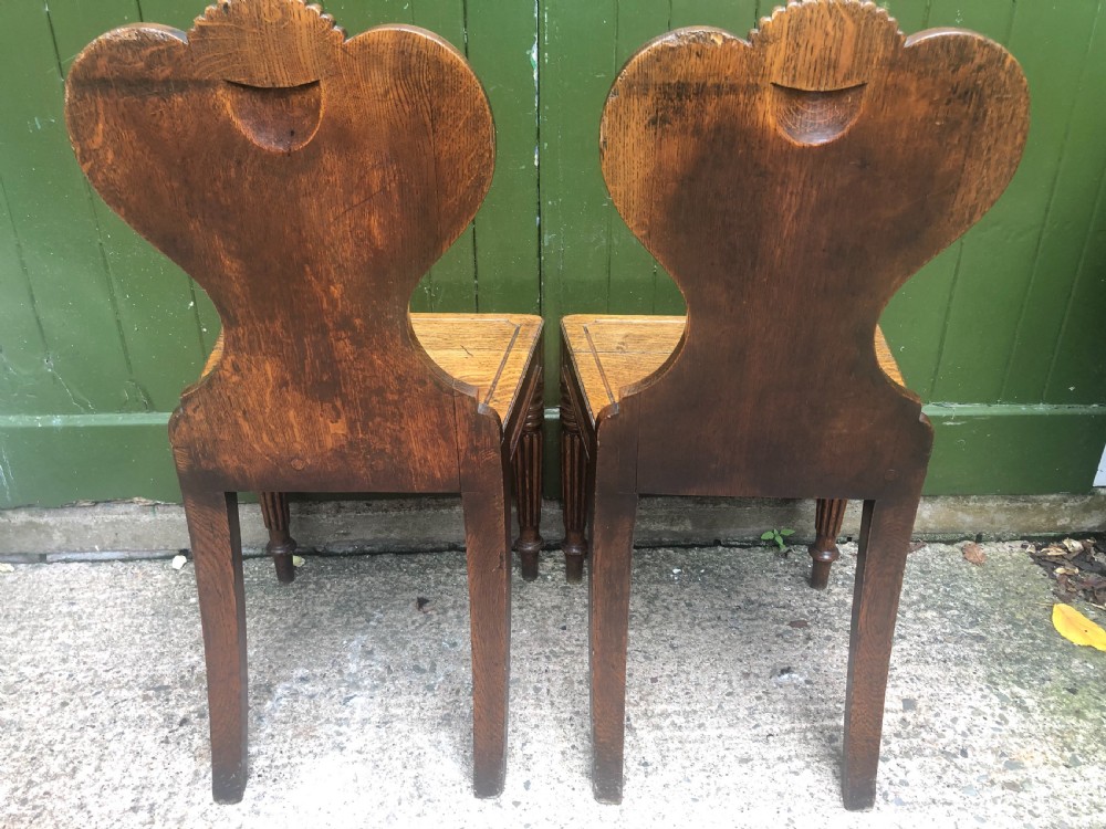 A pair of early nineteenth-century Regency oak hall chairs featuring carved scroll backs with shell motifs, solid timber seats, and reeded front legs. View XVI