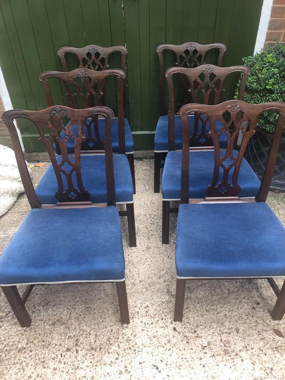 Set of 6 C18th George III period mahogany dining chairs of Chippendale design . View III