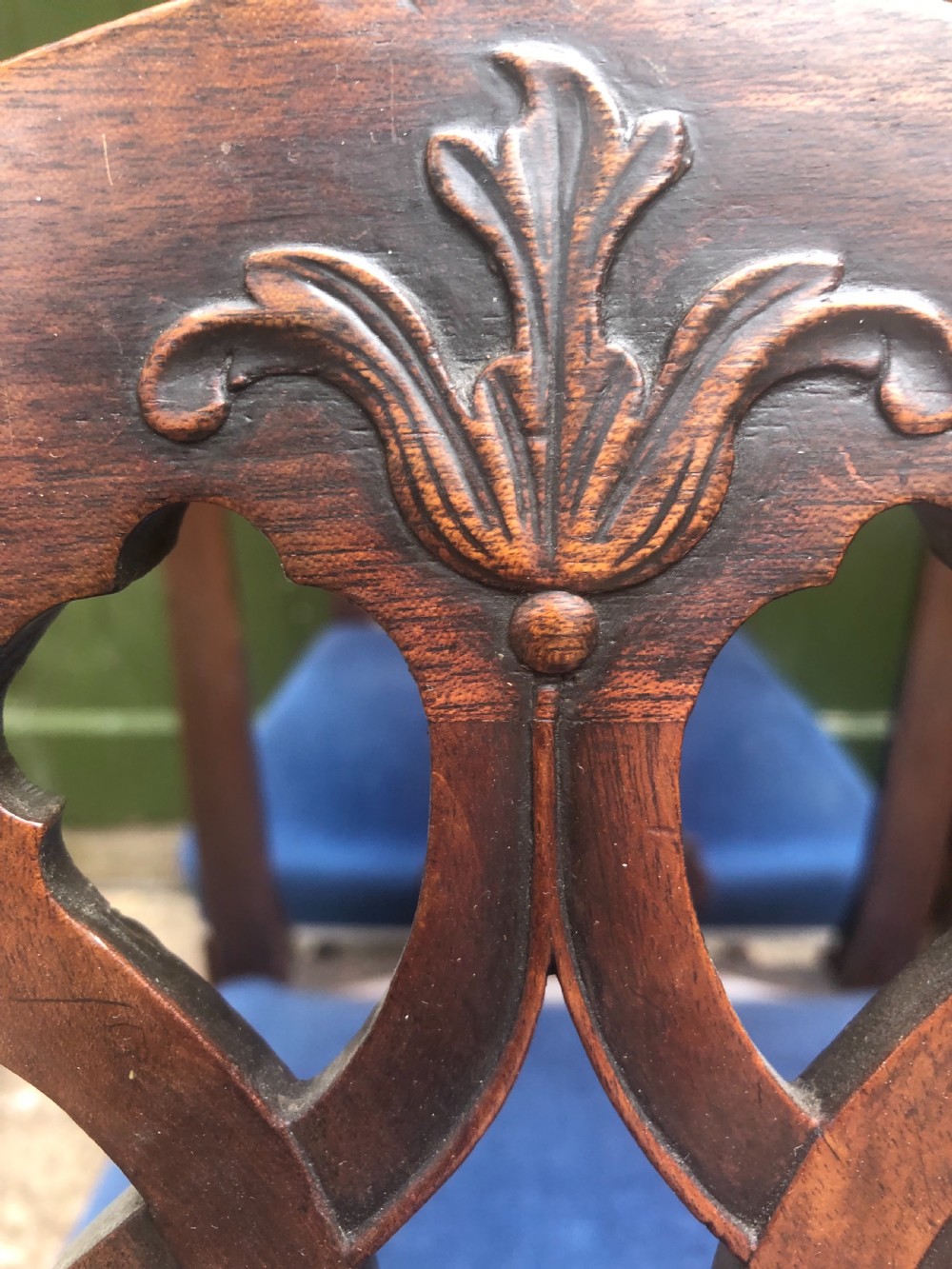Set of 6 C18th George III period mahogany dining chairs of Chippendale design . View V