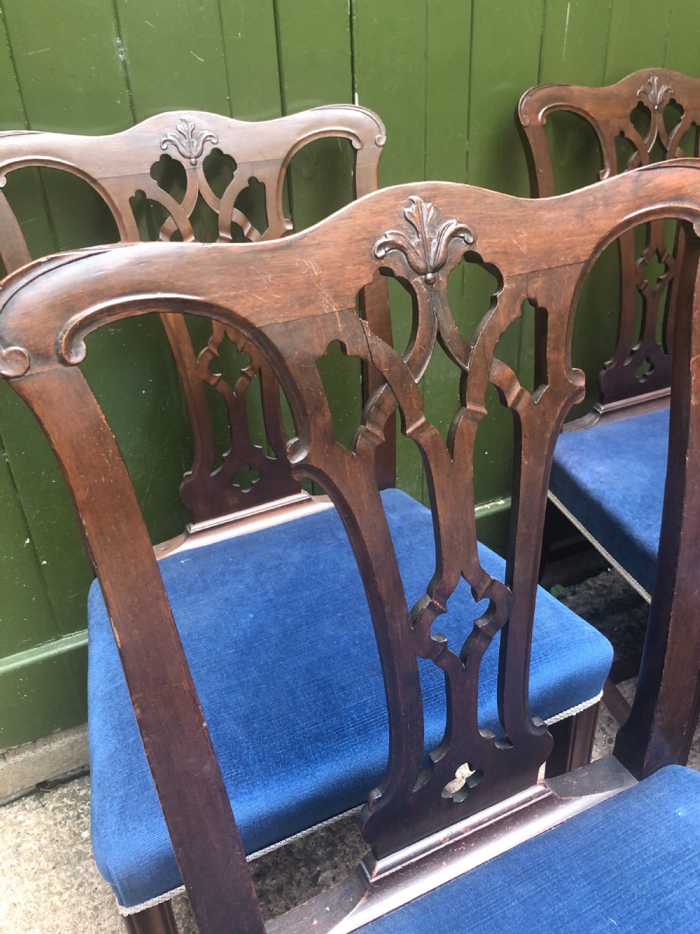Set of 6 C18th George III period mahogany dining chairs of Chippendale design . View VI