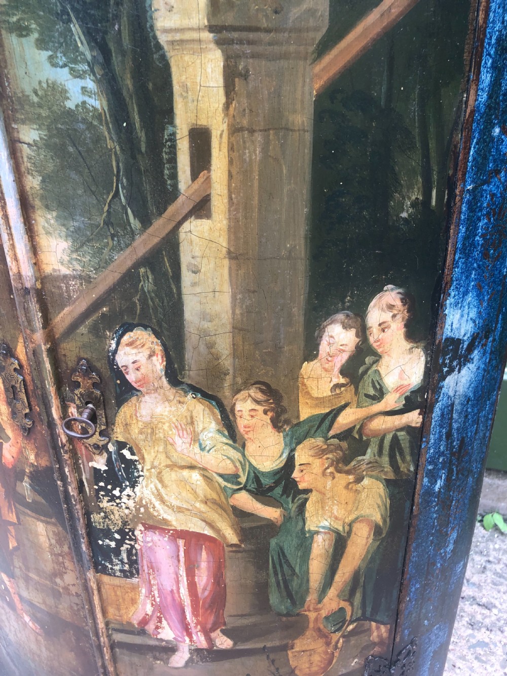 C18th Dutch bow-front hanging corner cupboard decorated with an exotic figural scene. View V