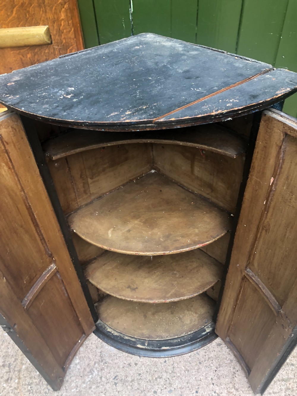 C18th Dutch bow-front hanging corner cupboard decorated with an exotic figural scene. View X