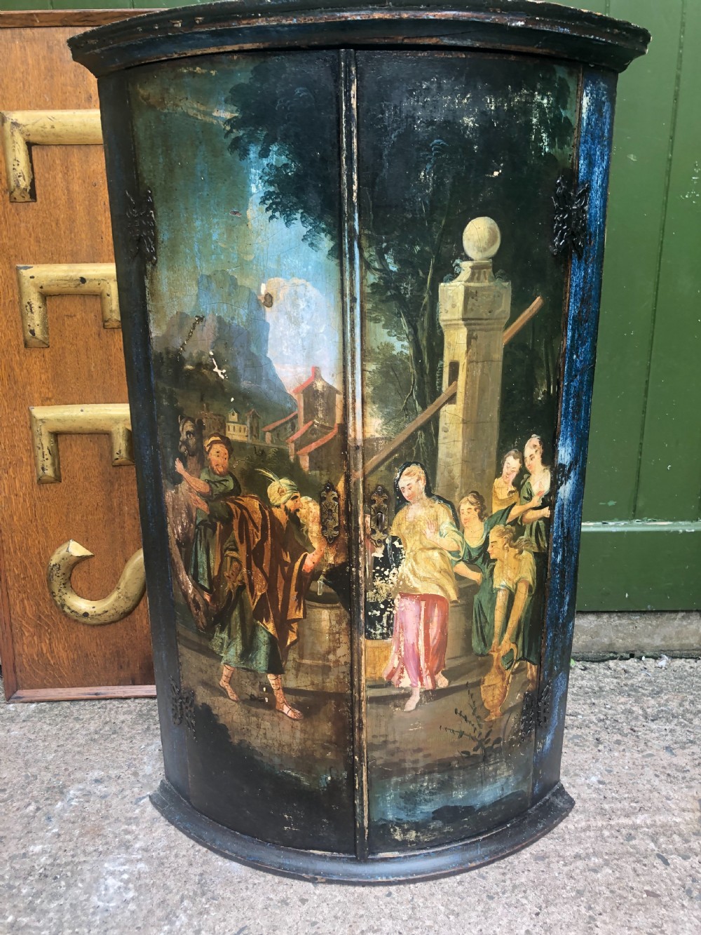 C18th Dutch bow-front hanging corner cupboard decorated with an exotic figural scene. View XI