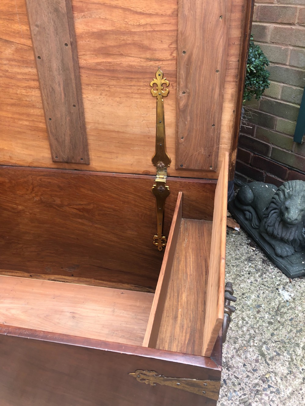 C18th Dutch East Indies teak and cedar chest with gilt-brass and bronze fittings. View V