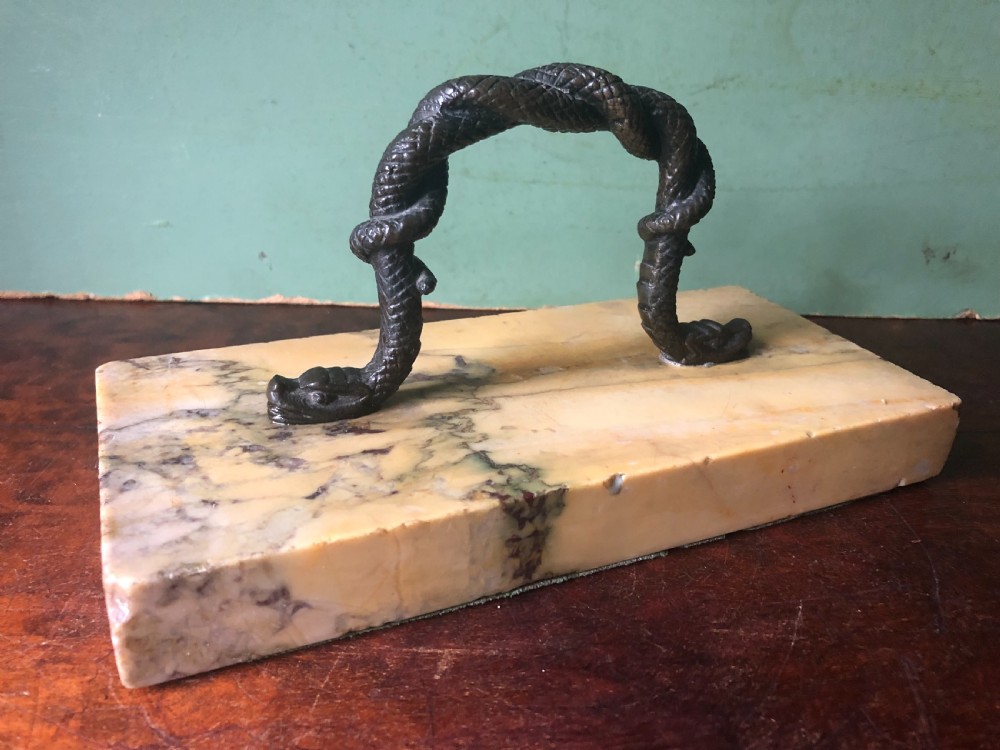 Mid C19th Italian giallo antico marble rectangular paperweight with bronze handle, 