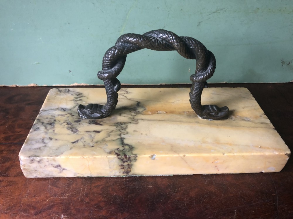Mid C19th Italian giallo antico marble rectangular paperweight with bronze handle,  View III