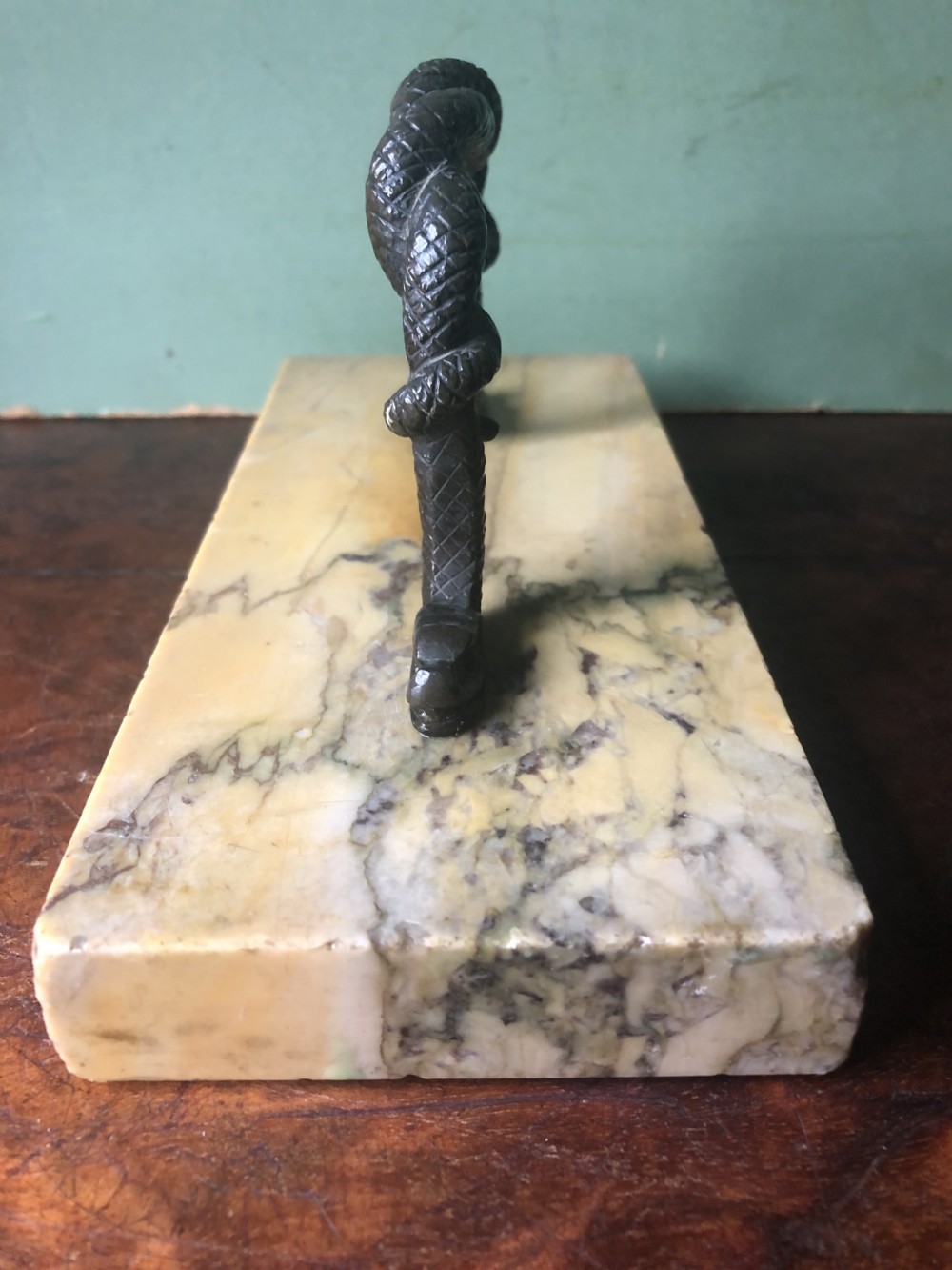 Mid C19th Italian giallo antico marble rectangular paperweight with bronze handle,  View V