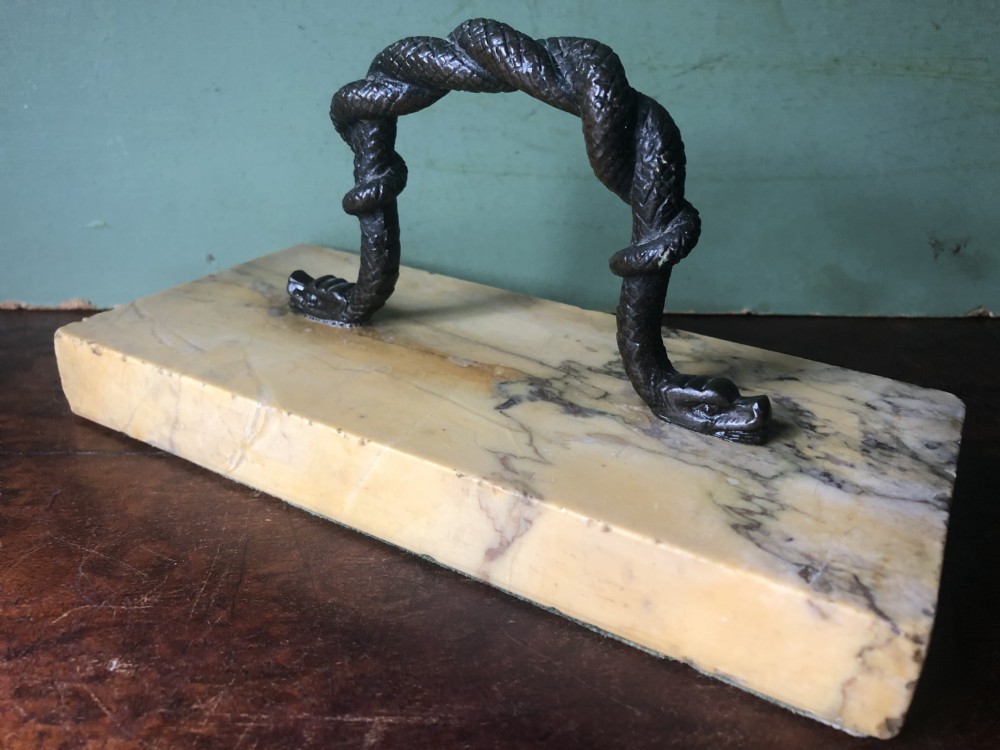 Mid C19th Italian giallo antico marble rectangular paperweight with bronze handle,  View VI